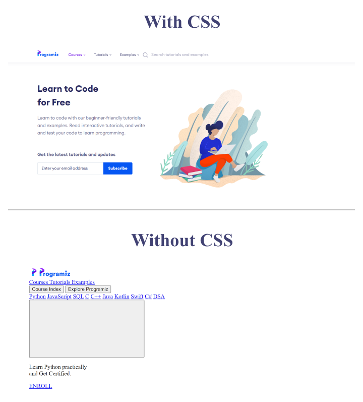 Programiz Landing Page With and Without CSS Programiz website compared with and without CSS.